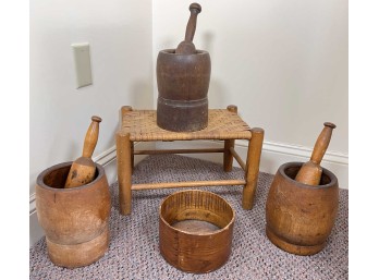 WOODEN MEASURE, STOOL & MORTOR & PESTLES