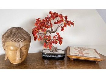 CARVED WOODED BUDDHA, TRIVET & TREE