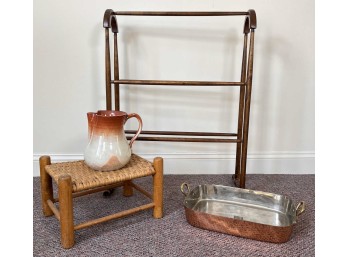 TOWEL RACK, STOOL, COPPER PAN & PITCHER