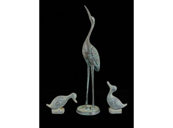 BRONZE SCULPTURE of a CRANE & (2) DUCKS