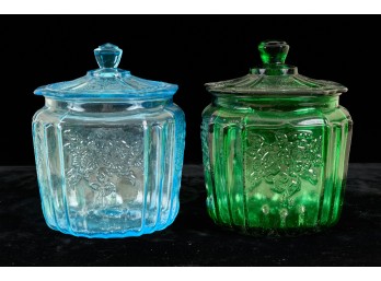 PAIR of GREEN and BLUE PRESSED GLASS JARS