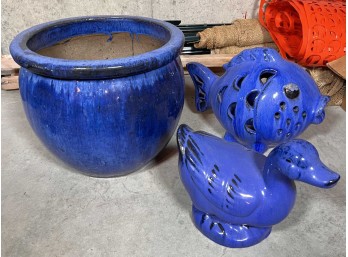 TERRA COTTA JARDINIERE, FISH and DUCK