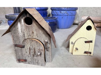 (2) WOODEN BIRD HOUSES with TIN ROOFS