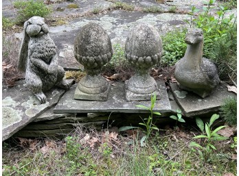 CAST STONE DUCK, RABBIT & PAIR of FINIALS