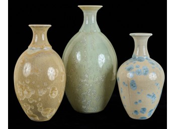 (3) ARTISAN CRAFTED CRYSTALLINE VASES