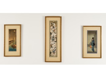 SILK EMBROIDERY & (2) JAPANESE PRINTS
