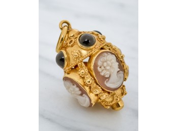 18k GOLD PENDANT with SHELL CAMEOS & ONYX