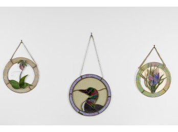 (3) STAINED and LEADED GLASS ROUNDELS