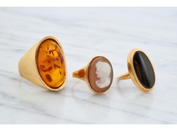 (3) 14k GOLD RINGS With CAMEO, AMBER & ONYX