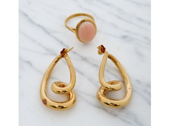 18k GOLD EARRINGS & ANGEL SKIN CORAL RING