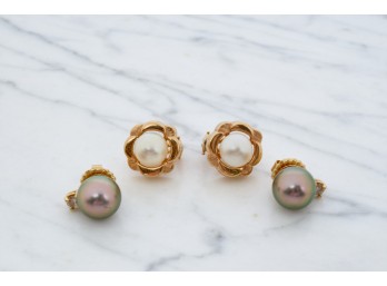 14k GOLD SILVER GREY TAHITIAN PEARL EARRINGS