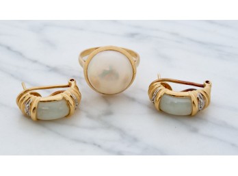14k GOLD JADE & DIAMOND EARRINGS & 14k RING