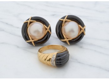 14k GOLD MABE PEARL & ONYX EARRINGS & RING
