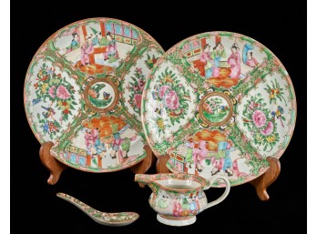 (2) (19th c) ROSE MEDALLION PLATES & CREAMER