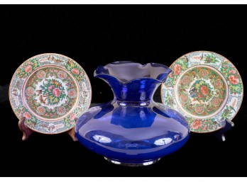 (19th c) ASIAN PLATES & COBALT GLASS VASE