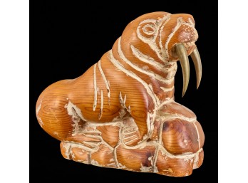 CARVED WALRUS of BOOK-MATCH PINE & BRASS