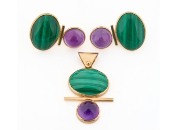 14k GOLD MALACHITE and AMETHYST SET