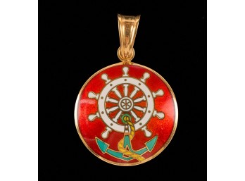 18k GOLD ENAMELED SHIPS WHEEL PENDANT