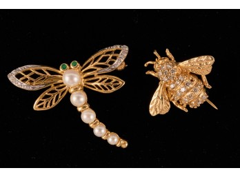 14k GOLD DRAGONFLY & BEE PINS