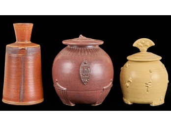 (2) ASIAN INSPIRED GLAZED JARS & (1) VASE