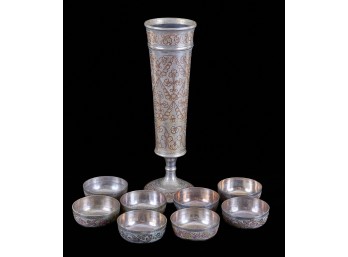 HEAVY TOOLED PERSIAN VASE & (8) BOWLS