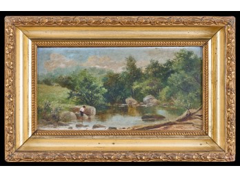 (19th c) BOY FISHING on a MOUNTAIN STREAM