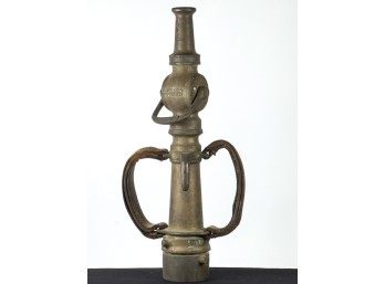 BRONZE LARKIN FIREHOSE NOZZLE w LEATHER HANDLES
