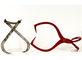 (2) ICE TONGS 'SINGLE HAND' & RED PAINTED