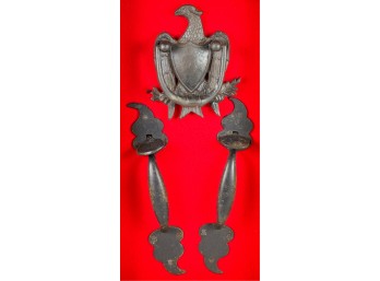CAST IRON EAGLE & SHIELD DOOR KNOCKER w HANDLES