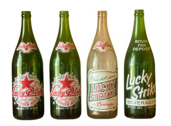 (4) VINTAGE GLASS LUCKY STRIKE BEVERAGE BOTTLES
