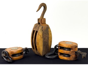 (3) SMALL WOOD & CAST IRON SHIPS BLOCKS