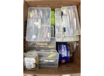 BOX OF MISC TACKLE AND ARTIFICIAL BAIT