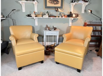 PAIR OF SYNTHETIC LEATHER CLUB CHAIR w/ OTTOMAN