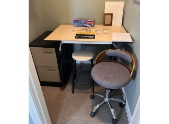 ADJUSTABLE DRAFTING DESK, OFFICE CHAIR, FILING CAB