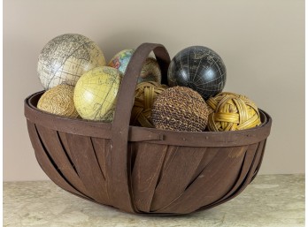 FIXED HANDLE BASKET w WOVEN, RATTAN & GLOBE BALLS
