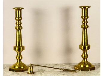 PAIR OF HEAVY BRASS CANDLESTICKS w SNUFFER