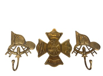 (2) BRASS FIREFIGHTER WALL HOOKS & A WALL HANGING