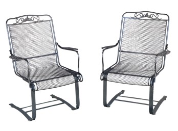 PAIR of WROUGHT IRON ARMCHAIRS with SPRUNG SEATS