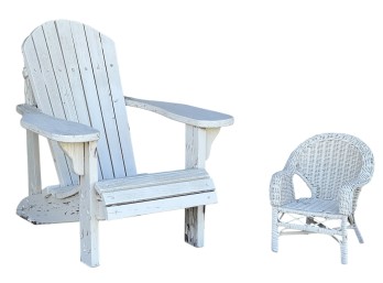 CHILD'S ADIRONDACK-FORM ARMCHAIR & WICKER DOLL