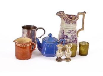 TRANSFERWARE PITCHER, SILVERPLATED CANN etc