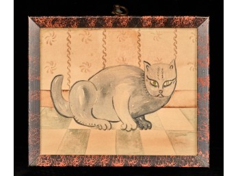 WATERCOLOR of a CAT in a SPONGE DECORATED FRAME