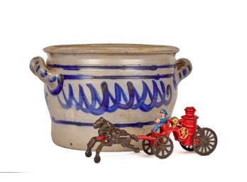 BELGIAN STONEWARE CROCK & CAST IRON FIRE PUMPER