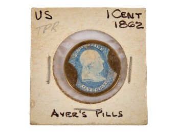 ENCASED 1862 (1) CENT STAMP / TAKE AYER'S PILLS