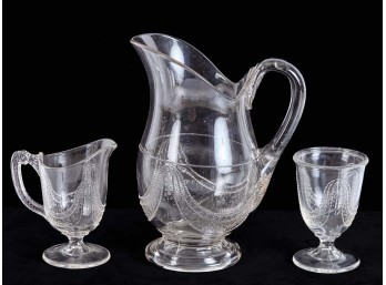 GARFIELD DRAPE GLASS PITCHER, CREAMER & CUP