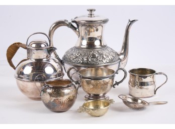 MERIDEN CHASED SILVERPLATED TEAPOT etc