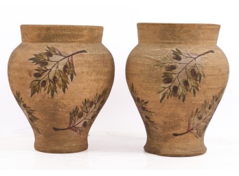 PAIR of CERAMIC VASES HANDPAINTED with LEAVES