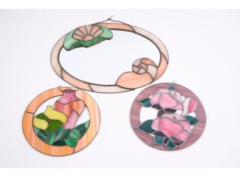 (2) STAINED GLASS ROUNDELS & MIRROR