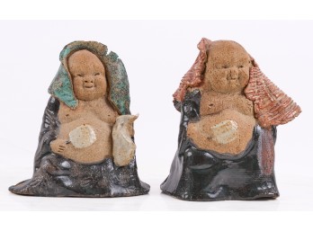 (2) SIGNED ASIAN GLAZED EARTHENWARE FIGURES