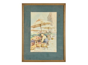 SIGNED V. PISANI ITALIAN MARKET WATERCOLOR