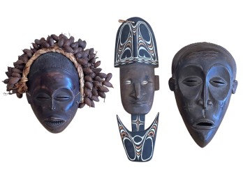 (3) AFRICAN CARVED WOODEN MASKS